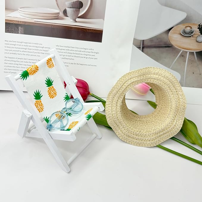 Doll Accessories Compatible with Labubu, Wooden Mini Folding Chair with Sunglasses & Straw Hat for 15cm/17cm Dolls,No Doll