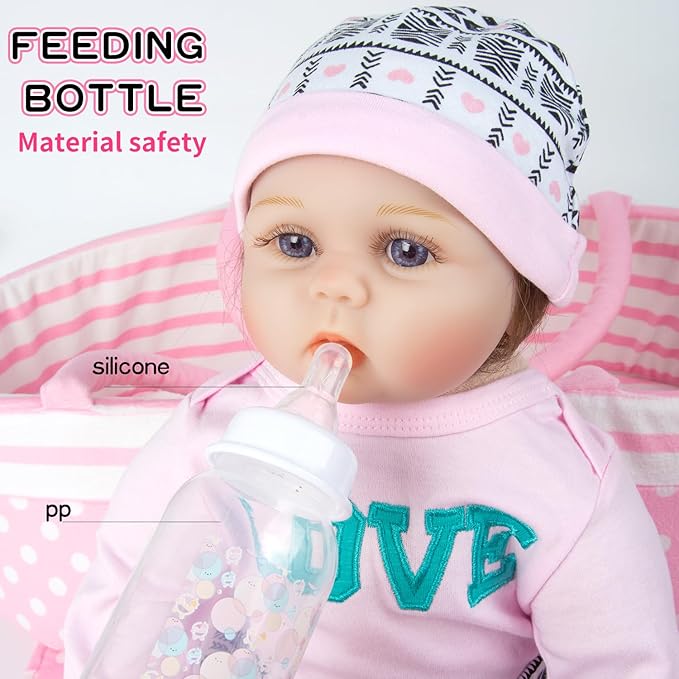 9 Pcs Reborn Baby Girl Dolls Clothes Accessories Outfit with Pink Dot Bassinet for 17-22 Inch Reborn Doll Newborn Baby Girl
