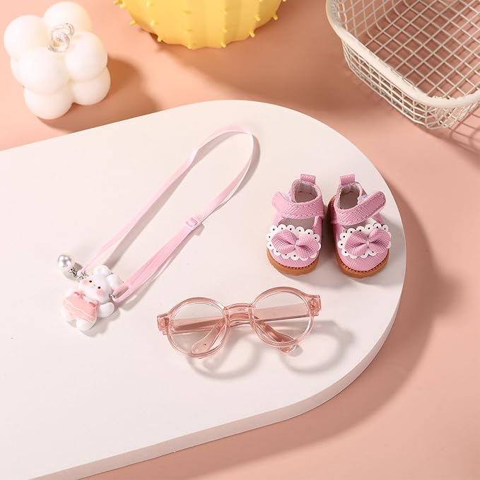 Doll Outfits Set, Includes Glasses & Pink Princess Shoes & Bunny Lanyard Stylish Doll Clothing Accessories and Gifts