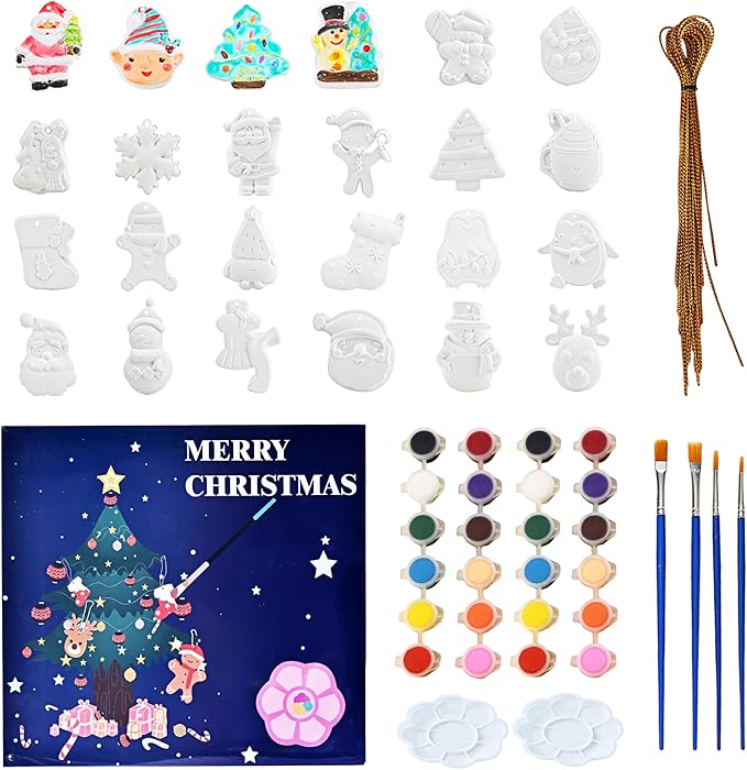 GloomGlo 24pcs Christmas Plaster Painting Kit for Kids – Non-Toxic DIY Ceramic Ornament Craft Set with Snowman/Gingerbread Man Christmas Tree Decorations(Christmas 1)