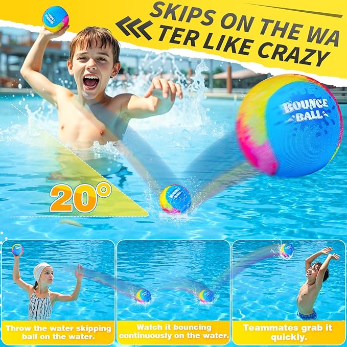 Bambilo Water Skipping Ball | 2-Pack Bounce Balls | Water Bouncing Beach Balls & Grip Ball | Pool Toys for Kids Age 5-8-12 | Great Summer Water Toy for Beach Swimming Pool River Lake