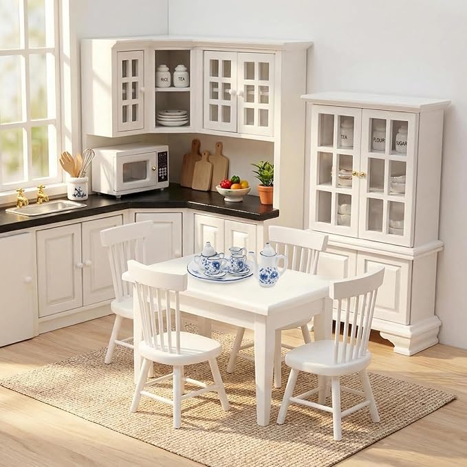 Miniature Dining Table & Chair Set for Dollhouse 1 12 Scale Wooden Furniture Model 5pcs Doll House Mini Classic Decoration Accessories DIY Hobby Gift (White)