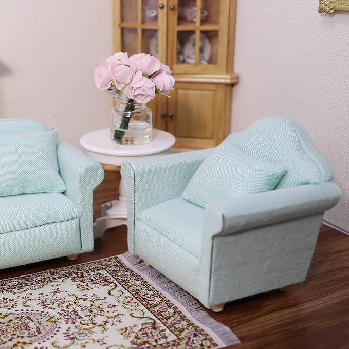 Dollhouse Couch with Pillow 1 12 Scale Miniature Sofa Arm Chair Living Room Furniture Wooden Fabric Frame Single Reading Chair Artificial House Room Scene Decoration (Green)