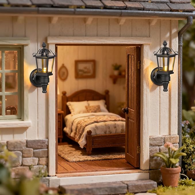 Ipetboom 2pcs Mini Wall Lamp Dollhouse Accessories - 1/12 Scale Decorative Model House Lighting Small Wall-Mounted Lamps for Miniature Doll House Scene Tiny Home Decoration- Black