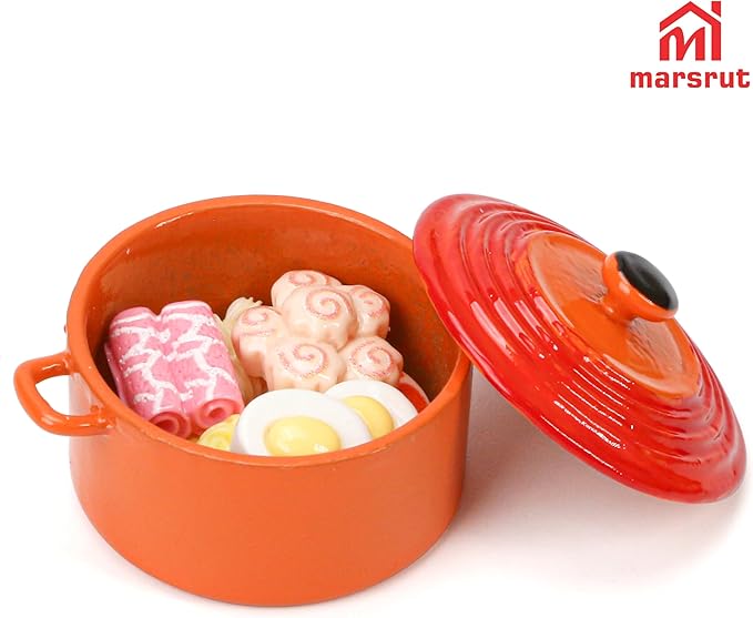 Miniature Cooking Pot & Food Set, 1/6 Dollhouse Cookware Pots & 10 Random Hot Pot Food Items, Kitchen Accessory Utensils, Minature Dutch Oven Stock for House Scene Model Decoration Accessories