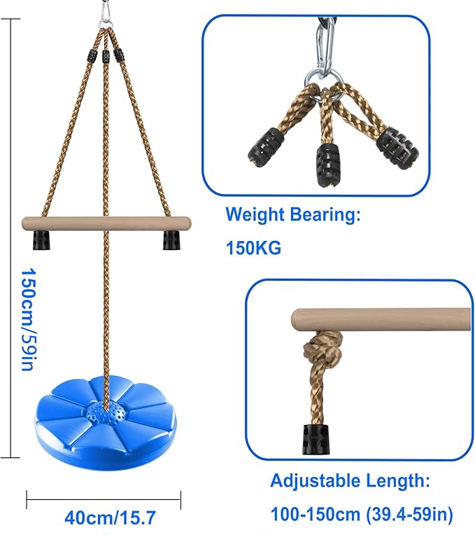 KINSPORY Disc Swing for Kids, Swing Set Accessories, 7FT Height Adjustable Gym Monkey Bars, Hanging Tree Seat for Backyard, Outdoor Play Equipment - Blue