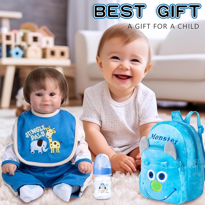 PEDOLLTREE 8 Pcs Reborn Baby Dolls Clothes Boy Accessories Outfit for 18-22 Inch Newborn Baby Reborn Dolls Clothes with Blue Monster Backpack