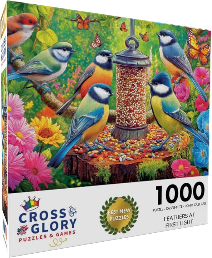 Cross & Glory – Feathers at First Light – 1000 Piece Jigsaw Puzzle for Adults | Colorful Garden Birds & Flowers Scene | Vibrant Nature Puzzle