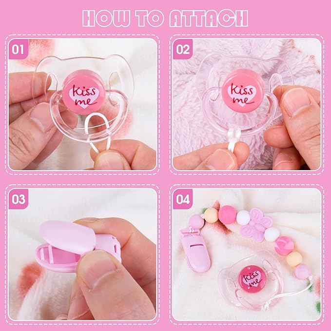 Aori Pacifier Clips for Rebron Baby Dolls Silicone Holders Clips with Magnetic Pacifier -Pink