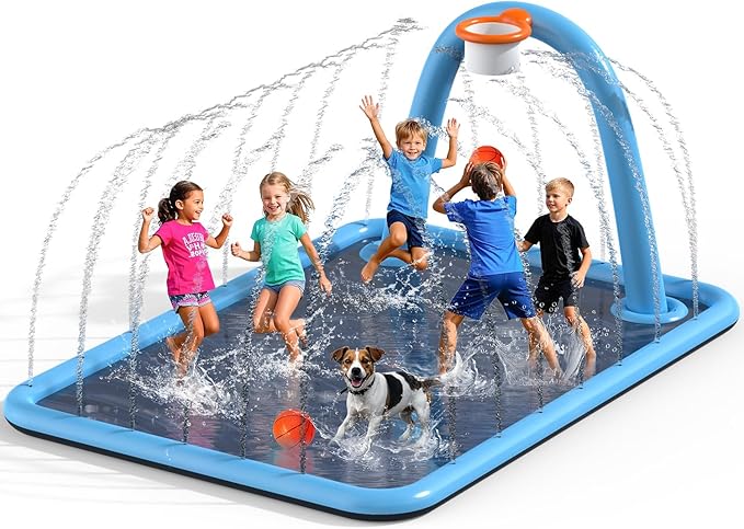 Splash Pad for Kids & Dogs, 102x87'' Large Sprinkler Pad Water Toys with Basketball Hoop, Thickened Non-Slip Splash Mat, Foldable Play Pool & Outdoor Summer Toys Ages 4-12 (102" Splash Pad)