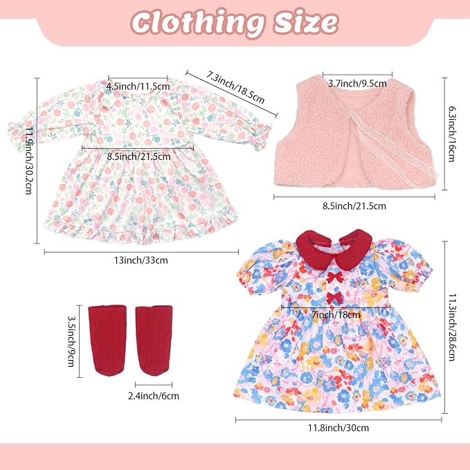 2 Set Reborn Doll Clothes for 20-22 inch Girl Dolls, 6PCS Baby Doll Clothes Accessories Outfits Include Dress Coat Headband Hat Socks