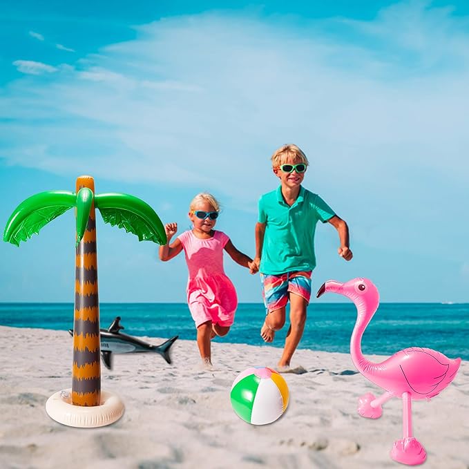 R HORSE Inflatable Palm Tree Flamingo Banana Beach Ball Parrot Beach Pool Toys for Tropical Hawaiian Luau Party Summer Pool Beach Party Decorations