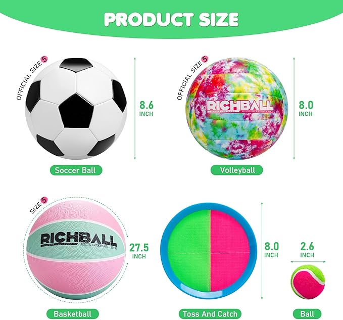 Richball 4-in-1 Outdoor Sports Ball Set for Kids – Soccer, Basketball, Volleyball and Toss & Catch Paddle Ball Game – All-in-One Gift Stocking Stuffers for Kids Boys & Girls Ages 3+