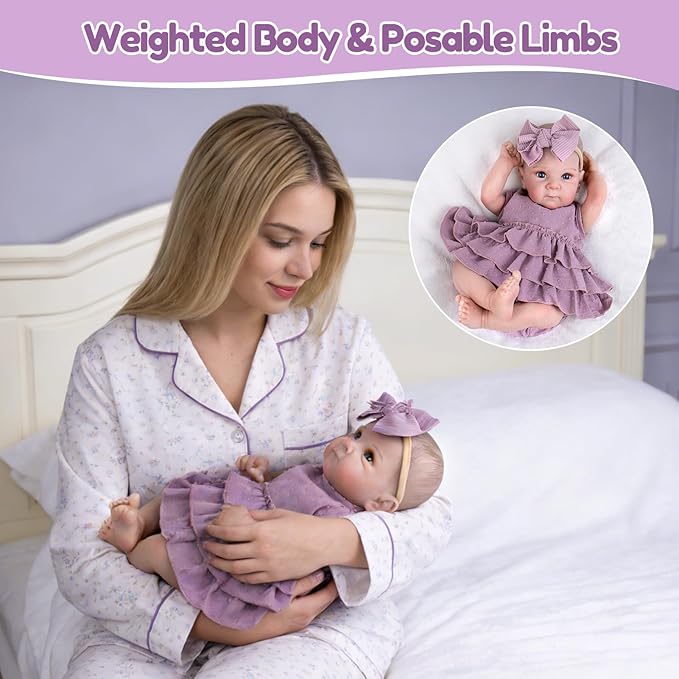 Aori Lifelike Reborn Baby Dolls - 20'' Realistic Newborn Girl Weighted Real Baby Doll with Purple Outfit Set - Soft Cloth Body for Cuddling, Gift for Kids 3+