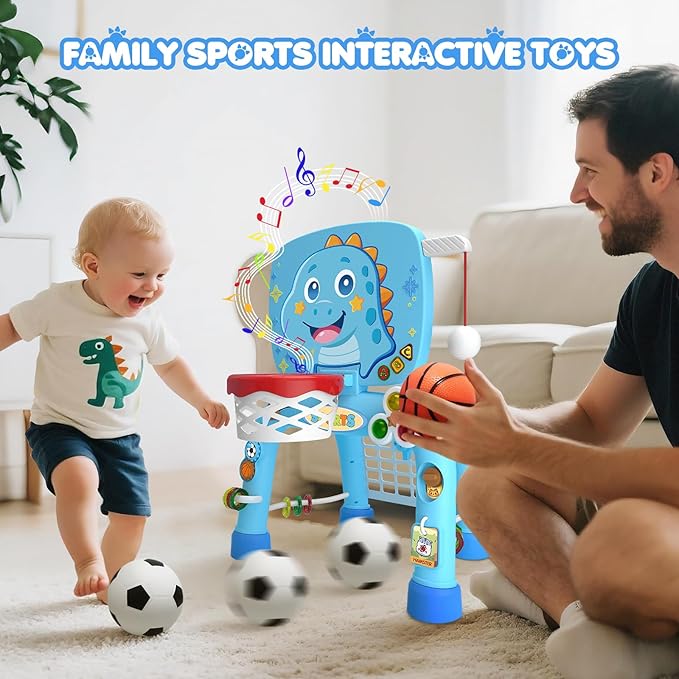 Toys For 1 Year Old Boy - Toddler Basketball Hoop&Soccer Goal&Baseball Sport Activity Center,Montessori Sensory Musical Toy With Light,Christmas Birthday Gift for Age 12-18 Month(Baby Blue Dinosaur)