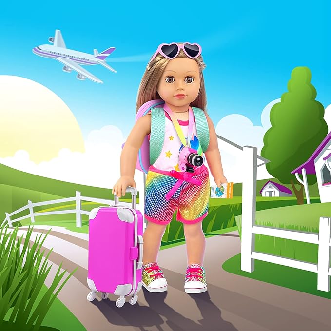 UNICORN ELEMENT 23 Pcs 18 Inch Girl Doll Accessories Suitcase Travel Set Including Clothes Suitcase Backpack Camera Tablet Cell Phone Neck Pillow Sunglasses and Other Travel Set