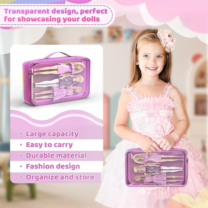 Carrying Case Compatible with Barbie Dolls 12-Inch,Case to Hold Dolls and Clothes, Much Pocket for Doll’s Clothes, Accessories, Fits 6 Dolls & Accessories,Bag Only(6-Transparency Sky)