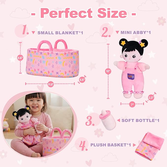 OUOZZZ 10" Soft Baby Doll Set with Plush Doll, Bassinet, Blanket and Bottle, Pretend Playset for Emotional Social Education Asian Doll for 2 Year Olds Girls Perfect Birthday Toy