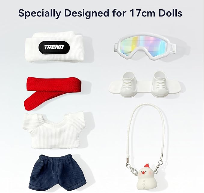 Ski Style for LABUBU Clothes or LABUBU Outfits, Set with Trend Beanie, Red Scarf, Goggles, Snowman Charm & Mini Snowboard – Cute Collectible Dolls Outfits