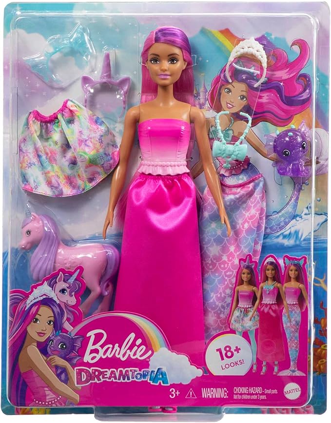 Barbie Dreamtopia Doll with Clothes & Accessories, Fairytale Dress-Up Set with Mermaid Tail, Baby Unicorn, Dragon Pet & More