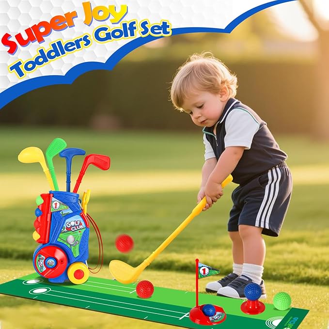 SUPER JOY Toddler Golf Set with Mat, Kids Golf Cart with 4 Clubs & 8 Balls, Indoor Outdoor Golf Toys for Boys Girls, Mini Golf Birthday Gifts for Baby 3-5 Years Old