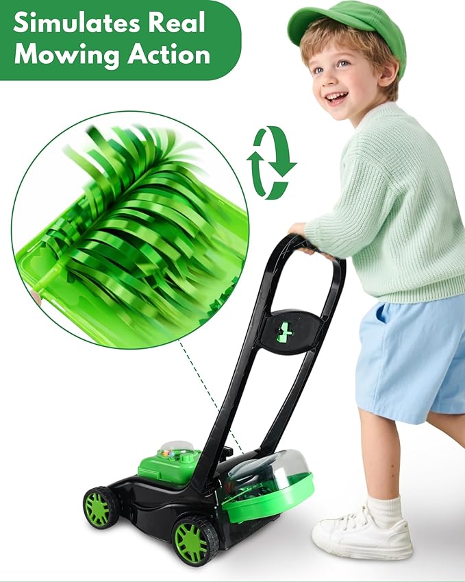 Kids Lawn Mower with Realistic Grass-Cutting Action and Sounds – No Batteries Required | Fun Outdoor Push Toy, Birthday Gift & Holiday Present for 3, 4, 5, 6, 7, 8 Year Old Boys and Girls (Black)