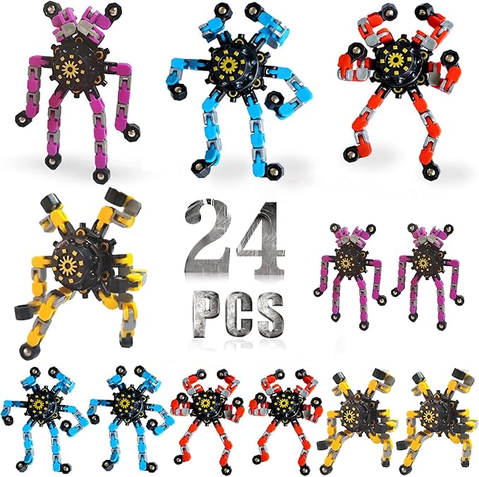 24 Pcs Funny Sensory Fidget Toys,Deformable Chain DIY Robot Spinners Fingertip Stress Relief Gyro Toy Birthday Gifts Christmas Goodie Bag Stuffers Classroom Prizes Party Favors for Kids Adults