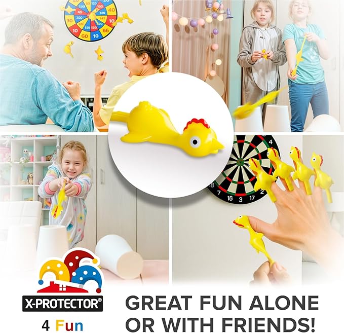 X-Protector Rubber Chicken Slingshot - 12 PCS Pack - Flying Finger Slingshot - Yellow Chicken Flingers Sling Shot Toys for Kids - Funny Adult Pinata Stuffers - Premium Slime for Fingers!