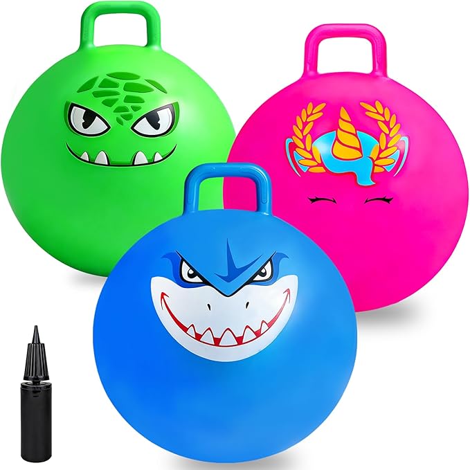 Hymaz Bounce Balls with Handles for Kids, 3 Pack Hopper Ball for Kids 3-6, Hippity Hop Balls 18 Inch with Air Pump, Jumping Bouncing Ball Ride On Toys for Sports Games Balance Exercise Fun
