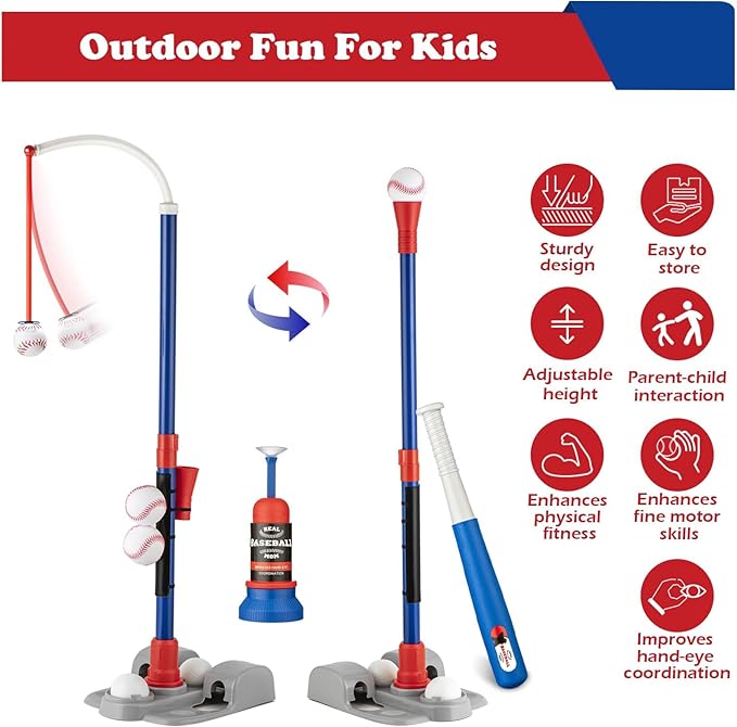 Adjustable T-Ball Set for Kids 3-8 | Outdoor Baseball Toy with Bat, Ball & Tee | Sports Gift for Toddlers & Boys in Backyards