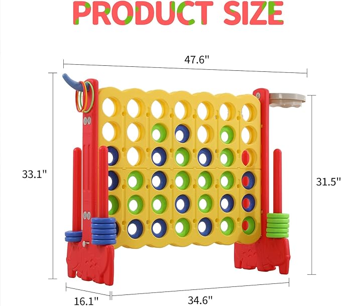 UNICOO Giant 4-in-a-Row Game with Carry Bag, 3-in-1 Jumbo 4-to-Score Outdoor Yard Game with Basketball Hoop, Ring Toss, Quick-Release Slider, 42 Rings, Family Party Game for Kids & Adults