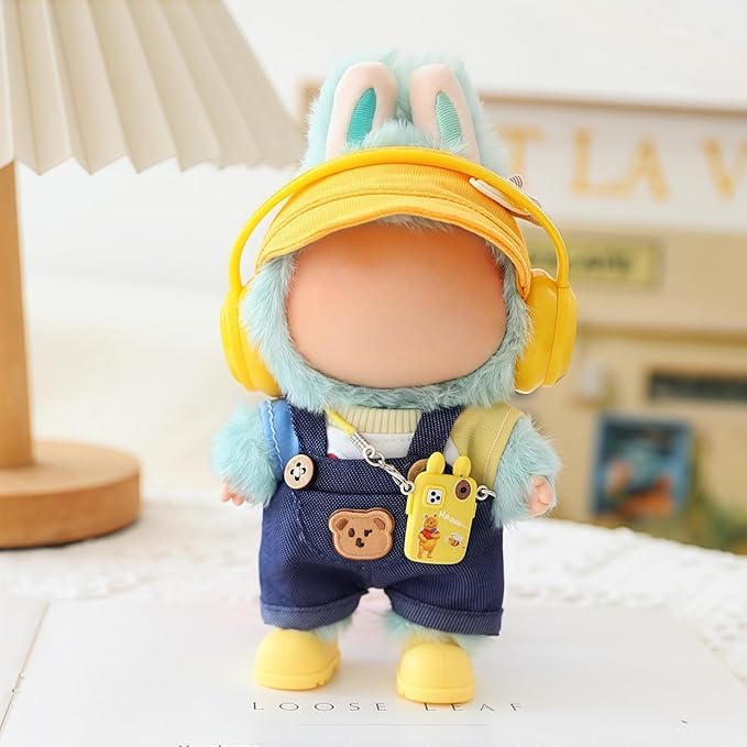 Clothes for Lu bubu 17cm Dolls(No Doll) Accessories, Stylish Kawaii Overalls Outfit Headphones Set 5 Pieces Suitable for 17cm Dolls , Doll Hat Headset Boots Clothing Set Replacement