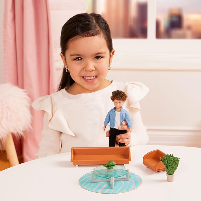 Lori – Mini Boy Doll & Toy Living Room Furniture – 6-Inch Boy Doll & Dollhouse Accessories – Sofa, Armchair, Coffee Table, Rug, Plants – Play Set for Kids – 3+ Years– Miguel's Lounge Set