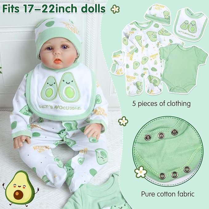 13 Pcs Reborn Baby Doll Clothes Boy Green Outfits Accessories for 17-22 Inch Reborn Doll Clothes Newborn Baby Accessories Set with Avocado Backpack