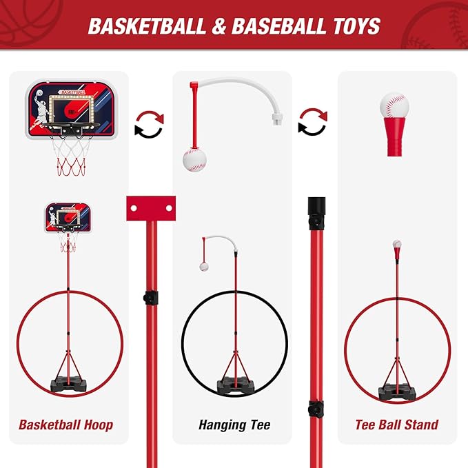 4 in 1 Kids Basketball Hoop and Tball Set for Toddlers 3-5, Adjustable Hanging Tee Ball Stand with Automatic Baseball Pitching Machine, Indoor Outdoor Sport Toys Birthday for Boys