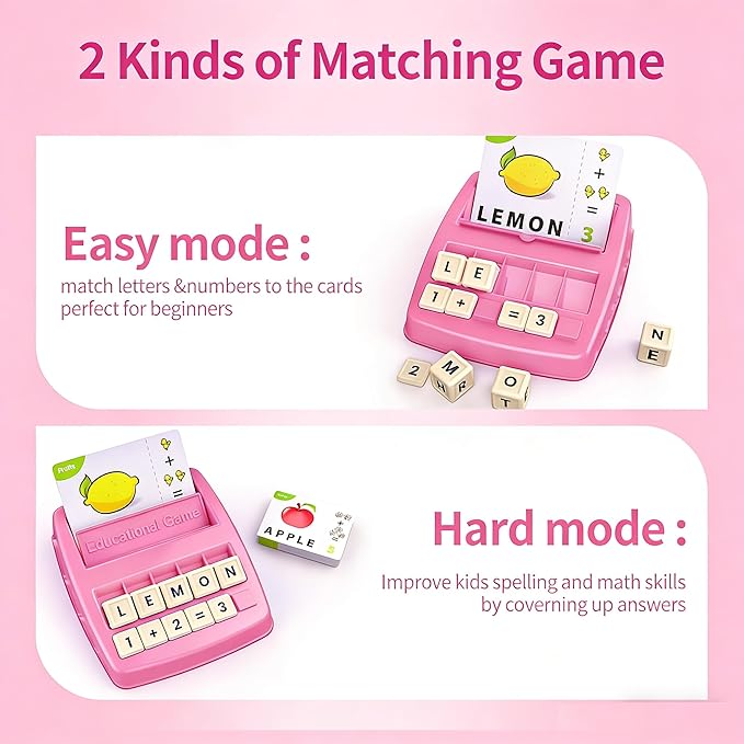 2-in-1 Flash Cards & Education Matching Letter Game for Kids Ages 3-6, Learning Toys ABC Phonics Alphabet Spelling & Reading Early Math Games Gift for Preschool Kindergarten Boys & Girls (Pink)