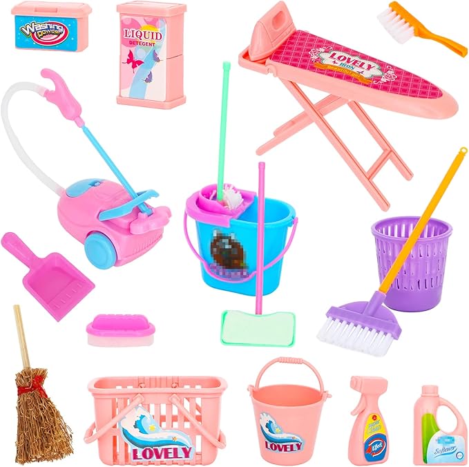 ONEST 18 Pieces Doll Housework Cleaning Supplies Miniature Mini Dollhouse Accessories Dollhouse Furniture Decoration Accessories for Dolls Pretend Play