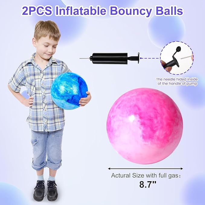 AMOR PRESENT 2PCS Inflatable Playground Balls, 8.7 Inch Marbleized Bouncy Balls Rubber Kickballs Giant Dodgeballs, for Indoor Outdoor Ball Games