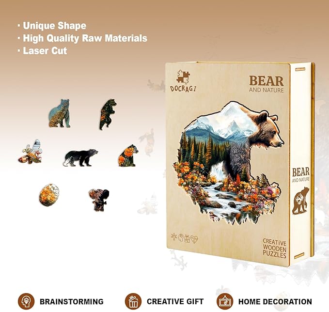 Wooden Puzzles for Adults - Bear and Nature Wooden Jigsaw Puzzle - Unique Animal Shaped Wood Puzzles Adult - Christmas Birthday Gifts for Adults/Friends/Family - 175pcs 11.4 * 11.5in