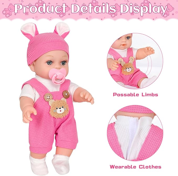 12" Baby Doll With Bear Pattern Backpack Carrier In Gift Box,12 Inch Realistic Baby Dolls With Clothes And Accessories Hanky Pacifier Bottle Pretend Baby Care Toy Collection For Child Toddler 3+ Gifts