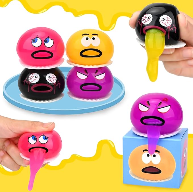 4 Pack Puking Sucking Fidget Toy Slime Ball, Vomiting Stress Balls Sensory Squeeze Toys, Cute and Gross Prank Toy, Novelty Gag Gift for Kids Adults