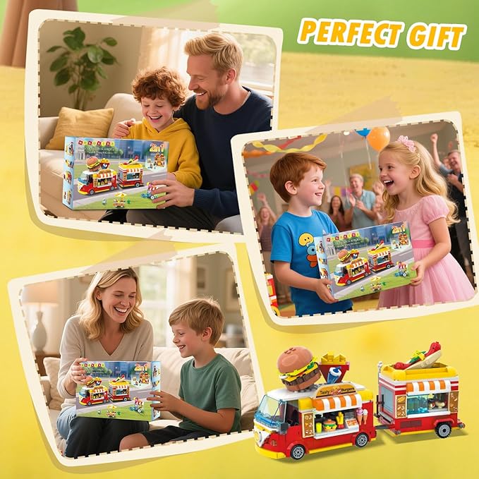 HOGOKIDS City Burger Truck House Building Toy - 2 in 1 Burger Van and Restaurant Building Blocks Set Mobile Ice Cream Food Cart Tables Restaurant Playset Valentines Gift for Kids Boys Girls 6+(826PCS)
