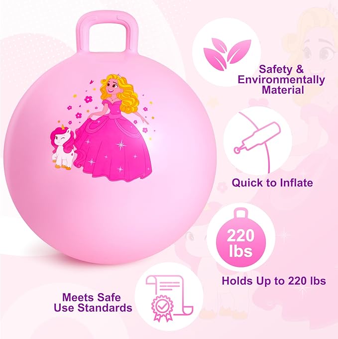 ZOOJOY Princess Hopper Ball, 18 Inch Bouncy Ball with Handle for Kids Aged 3-8, Inflatable Jumping Toys for Girls Boys, Pink Hopping Toys Gift with Pump