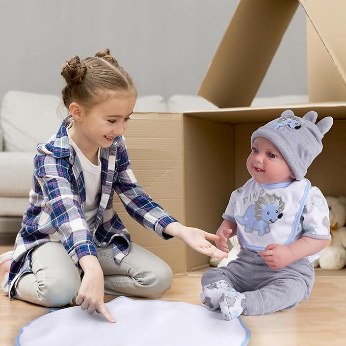 BABESIDE 6 Pcs Reborn Baby Doll Clothes for 17-22 Inch Babydolls, Dinosaurs Pattern Lifelike Reborn Baby Doll Accessories with Hat Bib and Socks for Realistic Baby Dolls Boy & Girl