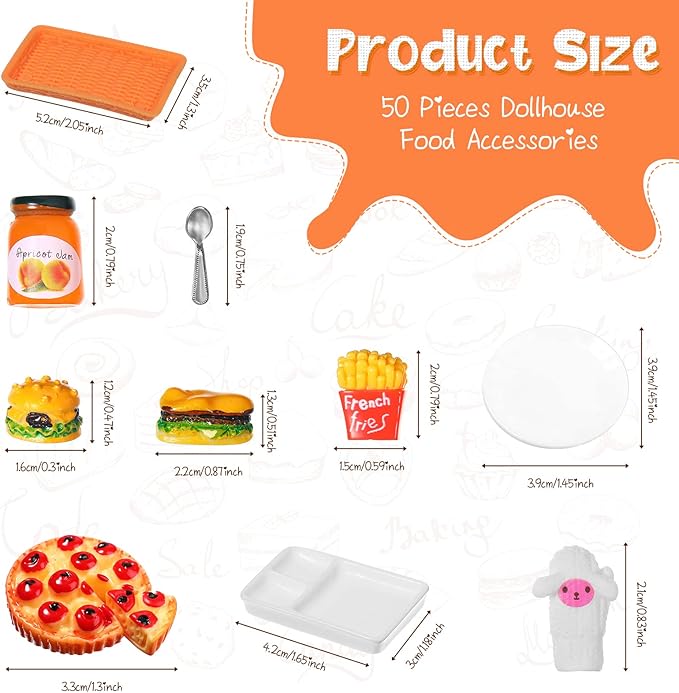 Civaner 50 Pieces Dollhouse Miniature Fast Food Accessories Set Christmas Mini Food Mixed Resin Drink Mini Hamburger Fries Juice Milk Bread Jam Cup Doll Kitchen Pretend for 1:12 Dollhouse