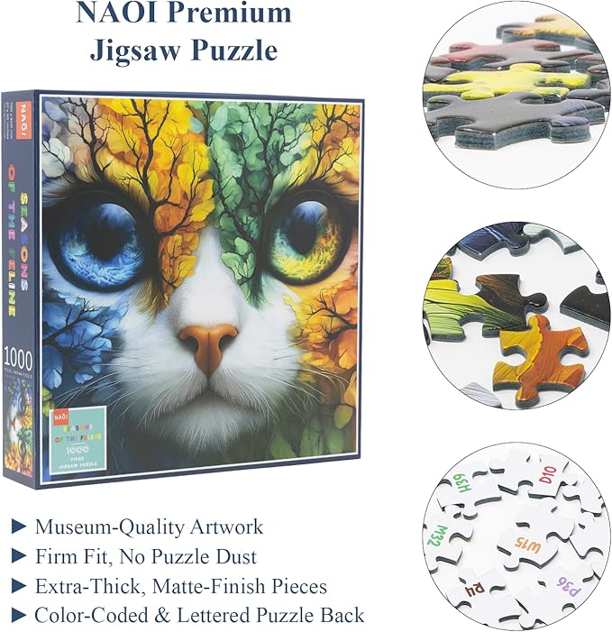Seasons of The Feline 1000 Piece Jigsaw Puzzle, Four Seasons Cat Art Puzzle for Adults, Vibrant Colors, Premium Magnetic Box & Poster, Challenging Puzzle Gift for Cat & Nature Lovers