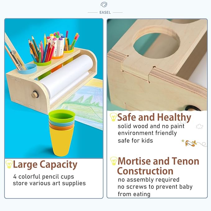 Wooden Tabletop Paper Roll Dispenser with Roll 11.4inx98.4ft and Pencil Cups Craft Art Paper Roll Holder for Kids Desktop Easel for Drawing Painting Home Classroom