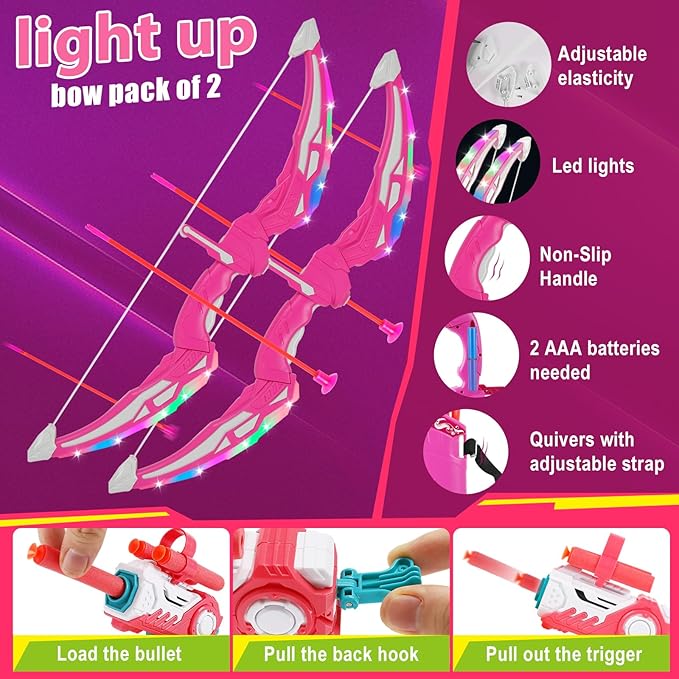 TWFRIC 2 Pack Bow and Arrow for Kids - LED Light Up Archery Set with 16 Arrows, 1 Standing Target & 2 Quivers - Fun Indoor/Outdoor Toy for Boys & Girls Aged 3-12 (Pink)