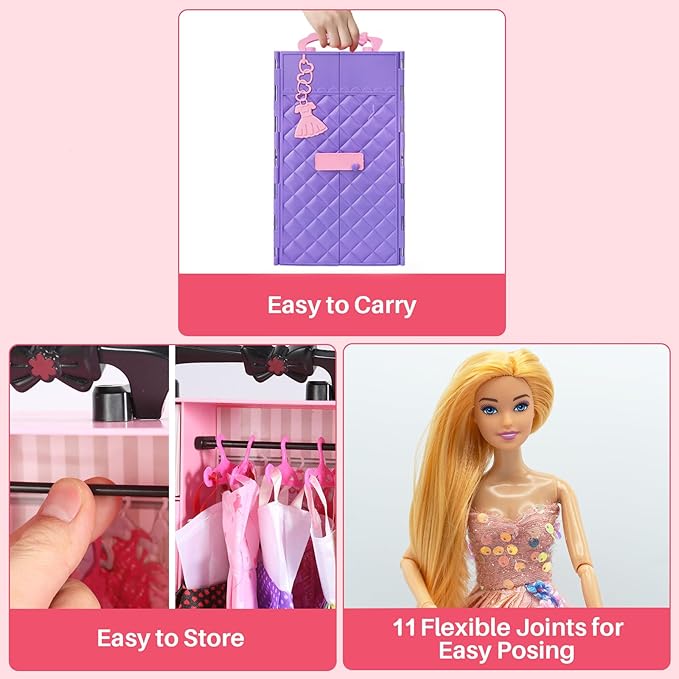 122 Pcs Doll Closet Playset with 11.5 Inch Dolls, Clothes and Accessories, Include Princess Dresses Shoes Bags Hangers Shoe Rack Doll Other Accessories, Dress Up Toys for Girls, Kids, Toddler (Purple)