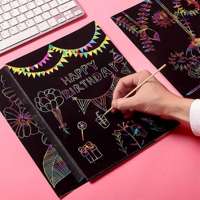 heynsgu 30Pcs Rainbow Scratch Paper Art Notebooks, Black Magic Sketch Book Pads with Stencils for Kids Crafts Artist Drawing Activity Toy Christmas Brithday Gifts Ages 3-12